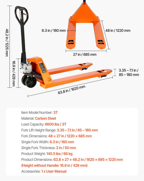 6600 lb manual pallet jack with 48 by 27 inch forks and a 3.35 to 7.1 inch lift height, suitable for material handling