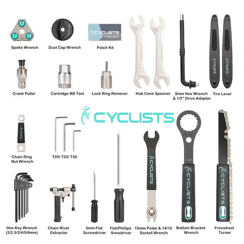 Image of All-In-One Bike Tool Kit With Storage Case, showing 22-piece bicycle repair set including wrenches, screwdrivers, and more.