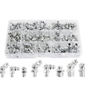 Beefed-Up Steel Grease Fittings Kit, 115-Piece Zerk Nipple Assortment With Straight, 90-Degree And 45-Degree Angles, M6 M8 M10, Quick-Connect For Easy Lubrication, Corrosion-Resistant Go-To Kit For Outdoor Machines displayed in a plastic organizer