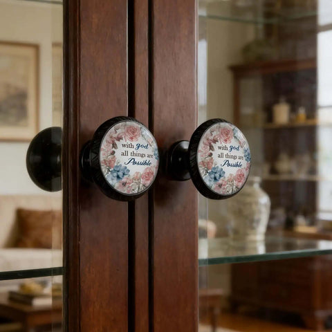 Four Pack Round Acrylic Cabinet Knobs With God All Things Are Possible Sign Inspirational Drawer Pulls on glass cabinet doors