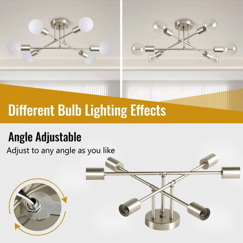 Different bulb lighting effects of Dope Modern Sputnik Chandelier Ceiling Light Fixture With Six Lights, adjustable arms shown.
