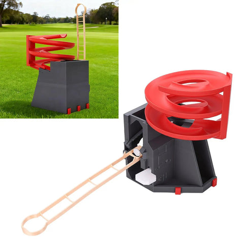 Portable Golf Ball Dispenser With Automatic Ball Delivery And Smart Tee Up System on grass, spiral design, indoor/outdoor use