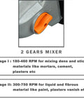 Close-up of 13A Single Paddle Concrete Mortar Mixer with soft start, showing orange gear switch for 2 gear speeds.