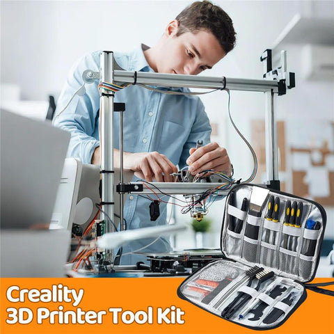 Front view of Creality 3D printer tool kit in a roll-up case with screwdrivers, pliers, files and brushes.