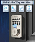 WiFi Smart Door Lock With Fingerprint And Passcode Knobs In Satin Nickel showing keypad and fingerprint scanner.