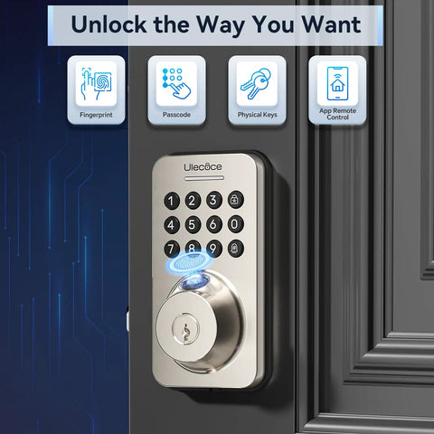 WiFi Smart Door Lock With Fingerprint And Passcode Knobs In Satin Nickel showing keypad and fingerprint scanner.