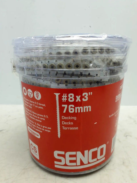 Close-up of Senco 3-inch #8 decking screws package with label details and visible screws inside.