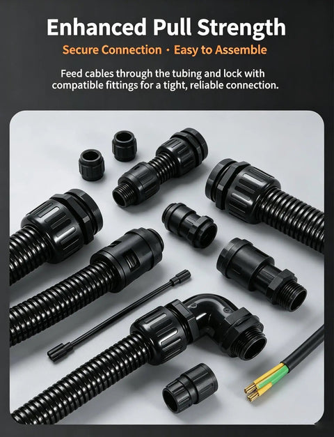 Heavy Duty Flexible Corrugated Conduit For Cable Protection Built From Pa66 Nylon Or Polyethylene, featuring connectors and fittings.