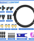 Product contents of Durable 4mm PU Air Tubing Kit, 10 Meter 32.8ft Length with 29-piece push to connect fittings including tees and elbows
