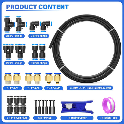 Product contents of Durable 4mm PU Air Tubing Kit, 10 Meter 32.8ft Length with 29-piece push to connect fittings including tees and elbows