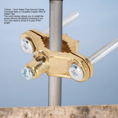 Rock Solid Copper Grounding Clamps Set 3 Pack Half To One Inch Wire Range, showing close-up of clamp securing pipe