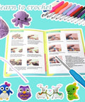 All In One Crochet Kit For Beginners With 14 Ergonomic Crochet Hooks 12 Yarn Skeins Stitching Tools Crochet Bag And Step By Step Guide In Bright Blue For Easy Crafting showing crochet tools and guidebook.