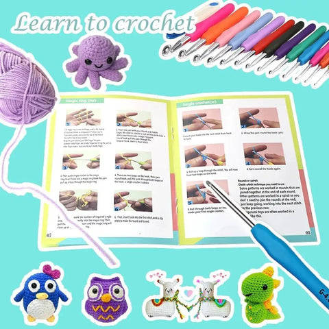 All In One Crochet Kit For Beginners With 14 Ergonomic Crochet Hooks 12 Yarn Skeins Stitching Tools Crochet Bag And Step By Step Guide In Bright Blue For Easy Crafting showing crochet tools and guidebook.