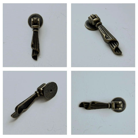 Four views of vintage twisted ribbon cabinet pull set, antique bronze single hole drawer pulls for kitchen cabinets, dressers, wardrobes.
