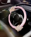 Cute As Heck Pink Steering Wheel Cover With Diamond Bling And Smooth Leather Grip on steering wheel, 15 inch fit in a car interior.