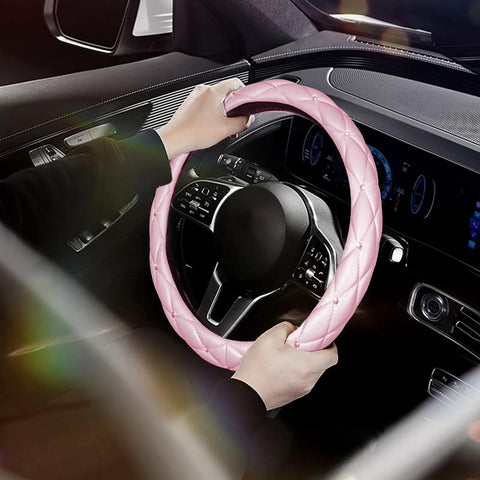 Cute As Heck Pink Steering Wheel Cover With Diamond Bling And Smooth Leather Grip on steering wheel, 15 inch fit in a car interior.