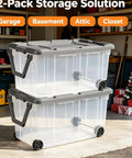 High Capacity Wheeled Storage Bins Featuring Smooth Glide Casters And Heavy Duty Stack Design Clear Plastic Rolling Containers, 160 Quart Two Pack, in garage setting.