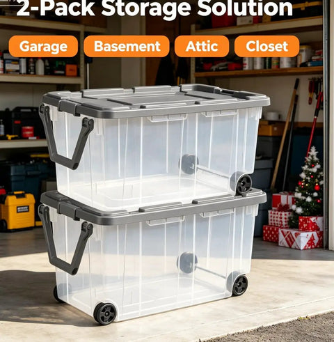 High Capacity Wheeled Storage Bins Featuring Smooth Glide Casters And Heavy Duty Stack Design Clear Plastic Rolling Containers, 160 Quart Two Pack, in garage setting.