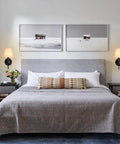 Bedroom with Black Wall Sconces Set Of Two With Linen Fabric Lampshades, Industrial Modern Candle Wall Lights, sleek bedside lighting.