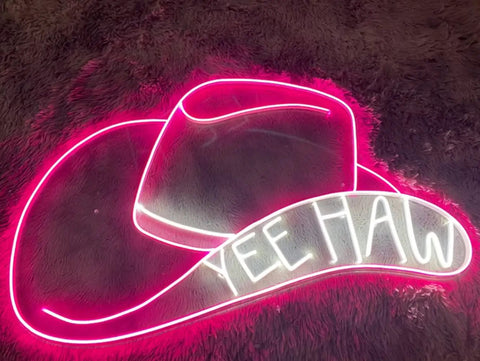 Cowboy Beer Neon Sign LED Tube Light For Bar Home Pub Cafe Decor 17 Inch Handmade Neon Lights Wall Art For Bedroom Office Hotel Recreation Room Party Mood With Lit Glow Energy Efficient Tubes Easy Mount featuring Yee Haw pink cowboy hat design.