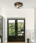 12 Inch 2 Light Farmhouse Flush Mount Ceiling Light With Seeded Glass Shade in a hallway setting.