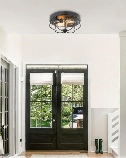 12 Inch 2 Light Farmhouse Flush Mount Ceiling Light With Seeded Glass Shade in a hallway setting.