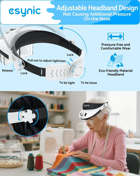 Head Magnifier With LED Light For DIYers Up To 6X Magnification With 5 Interchangeable Lenses assembly and comfortable use by woman sewing.