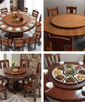 Heavy Duty 30 Inch Lazy Susan Turntable Built Different With Premium Solid Teak Wood Spins Smooth For Effortless 360 Service Making Family Dinners Total Snap Tonight, set in dining room with food and chairs.