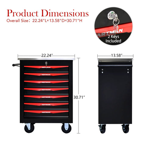 Heavy Duty Steel Tool Cabinet With Lock And Ball Bearing Drawers On Mobile Wheels For Garage Or Workshop Smooth Quiet Drawer Operation Secure Tool Storage In Durable Black And Red Finish with dimensions.
