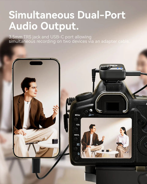 Lark M2S Wireless Microphone Bundle For iPhone Camera Android And PC used for vlogging with dual-port audio on phone and camera.