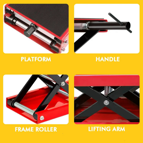 Heavy Duty 1100 Lb Motorcycle Lift Jack With Adjustable Height From 3.25 To 13.25 Inches Scissor Steel Stand features