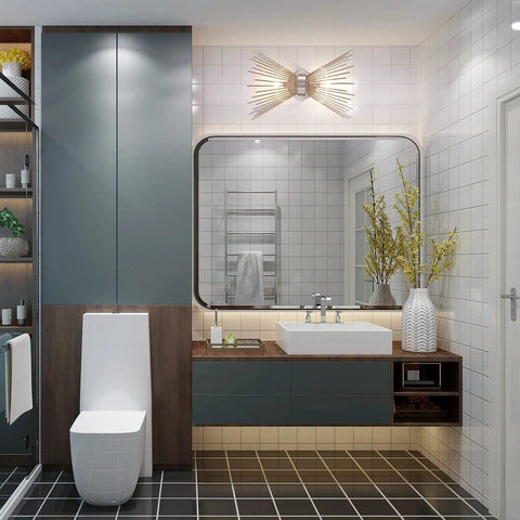 Bathroom interior with Sunburst Brushed Nickel Wall Sconces, 2 Light Mid Century Modern Vanity Lights above a large mirror.