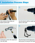 Installation steps for Six Pack Heavy Duty Garage Hooks With 100 Pound Capacity Steel Utility Hangers with tools shown.