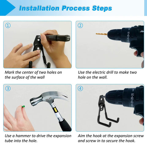 Installation steps for Six Pack Heavy Duty Garage Hooks With 100 Pound Capacity Steel Utility Hangers with tools shown.