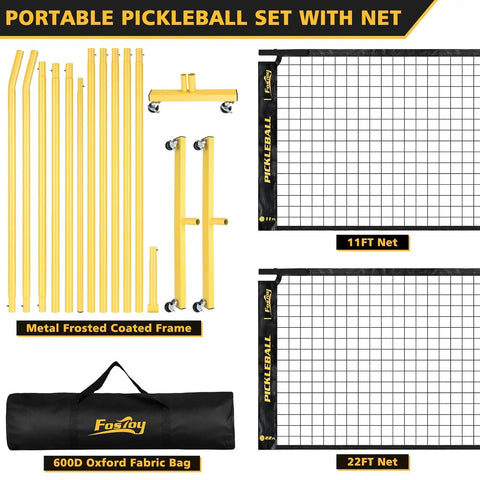 Wheeled Pickleball Net Set With Regulation 22 Foot And 11 Foot Half Court Sturdy Metal Frame Easy Carry Bag For Backyards