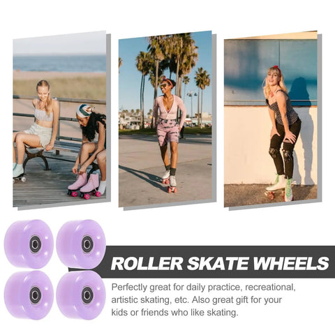 4 Pack Roller Skate Wheels With Bearings Semi Jelly Purple displayed with skaters outdoors and indoors, durable PU and metal construction