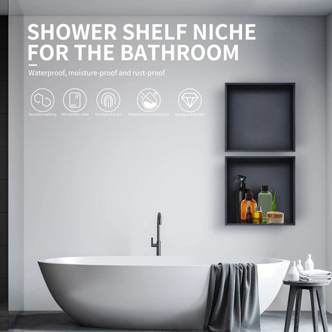 Black Stainless Shower Niche Shelf 12.5 X 12.5 X 4.7 Inches Slick Flush Mount Recessed Niche For Bathroom Storage No Tile Needed