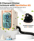 3D printer enclosure with ventilation kit and polar bear figurine on the side, showcasing detachable hose for airflow control.
