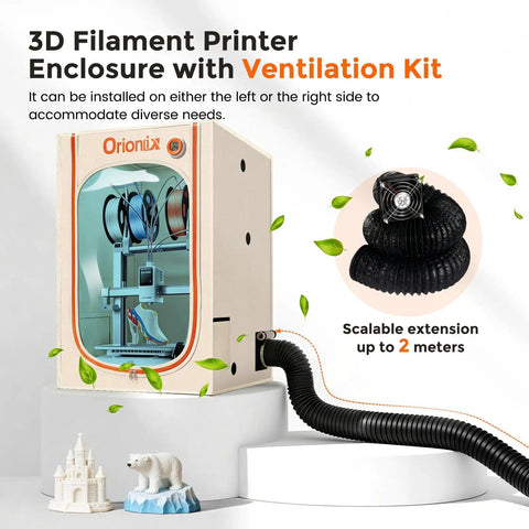 3D printer enclosure with ventilation kit and polar bear figurine on the side, showcasing detachable hose for airflow control.