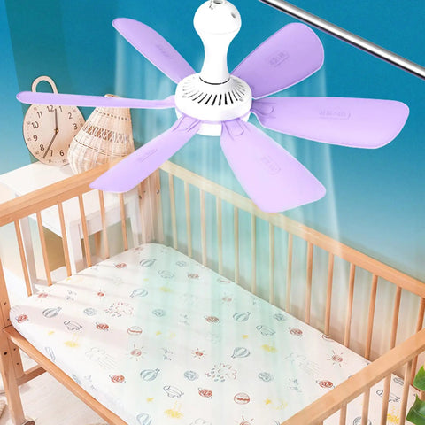 6 Leaves Ceiling Fan with Remote Control for Outdoor USB, purple blades above a crib for cool airflow in a nursery.