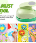 Five Size Circle Punch Set For Paper Crafts And Card Making Including Three Eighths Inch, Five Eighths Inch, One Inch, One And A Half Inch, And Two Inch Circle Punches For Scrapbooks, Gift Wrapping, And DIY Greeting Cards, shown with colorful paper crafts.