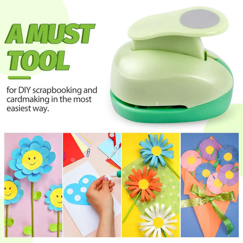 Five Size Circle Punch Set For Paper Crafts And Card Making Including Three Eighths Inch, Five Eighths Inch, One Inch, One And A Half Inch, And Two Inch Circle Punches For Scrapbooks, Gift Wrapping, And DIY Greeting Cards, shown with colorful paper crafts.