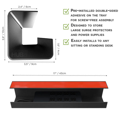 Under Desk Cable Management Tray Set Of 2 With Self Adhesive Installation No Screw Cord Organizer For Clean Desk Look Black Slim Cable Tray To Hide Wires And Tidy Your Workspace showing dimensions and adhesive backing