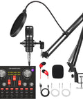 Two Premium Metal Microphones Podcast Studio Bundle With Boom Arms, V8 Audio Interface, BM-800 Mic Kit, DJ Mixer, and accessories