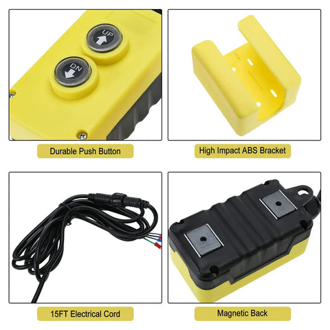 12V DC 4-Wire Remote Switch For Hydraulic Dump Trailer Dual-Acting Pump, showing buttons, cord, and bracket components.