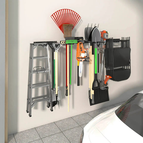 Heavy Duty Garage Tool Organizer Wall Mount With Four Hooks Dual Tool Racks Two Pack Yard And Garden Storage Shelf in use