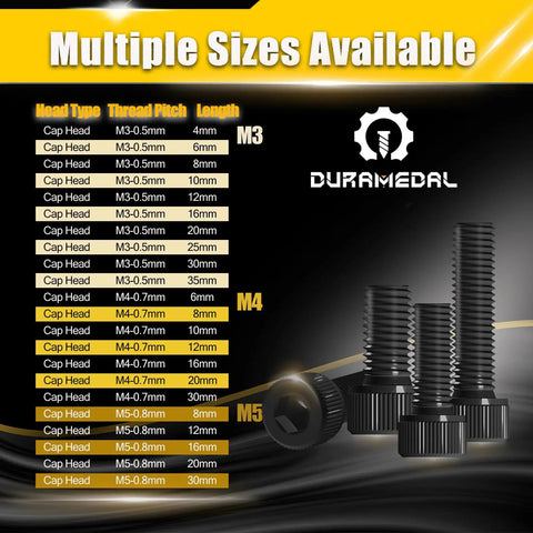 Chart showing multiple sizes of M3 X 30mm Hex Socket Head Cap Screws Set, 200 Pieces, 12.9 Grade Alloy Steel, Black Zinc Plated