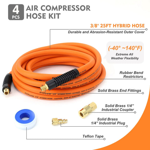 Tough As Nails Heavy Duty Hybrid Air Compressor Hose 3/8 Inch X 25 Feet Kink Resistant with solid brass couplers and accessories.