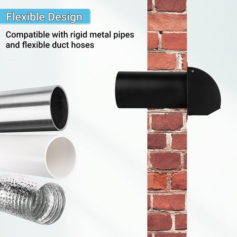 Heavy-Duty 4-Inch Dryer Vent Cover With Screen And Damper, 14 Gauge Steel Outdoor Vent Cap Black mounted on brick wall