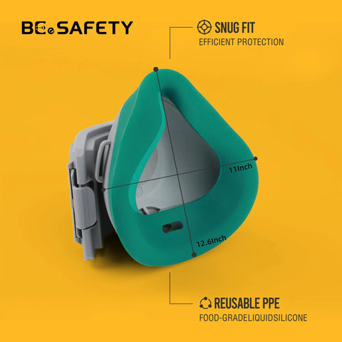 Reusable Half Face Respirator Mask With 2818 Silicone Dust Mask in gray and green, showing snug fit design and measurements.